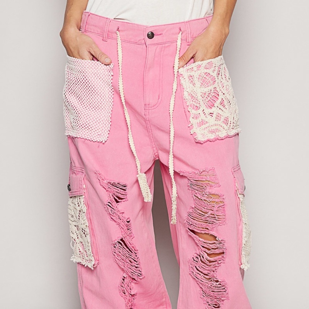 POL Pink Distressed Wide-Leg Track Pants with Crochet Pockets - Picture 3 of 12